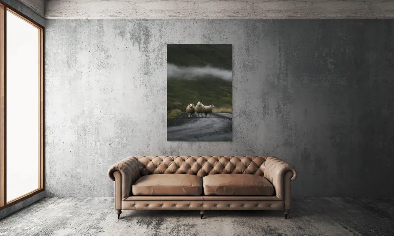 Tablou Canvas, "Oile rătăcite pe drumul întunecat", Oi, Drum, Nor, Verdeață, Natură, Coline, Trio, Peisaj., 100 x 150 cm – poza 6