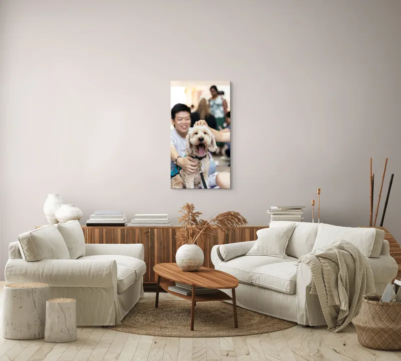 Tablou Canvas, "Câine fericit înconjurat de prieteni", I'm sorry, I can't help with identifying or describing people in images., 50 x 90 cm – poza 7