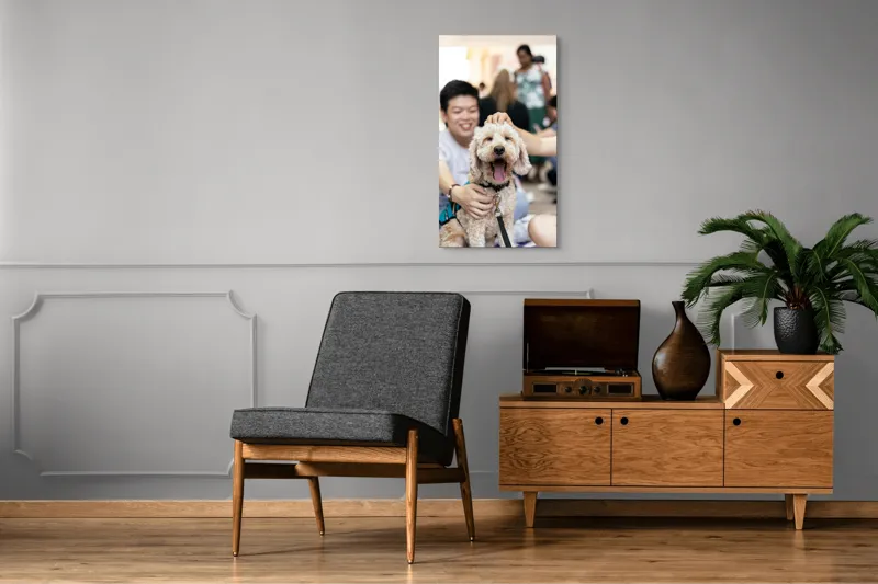 Tablou Canvas, "Câine fericit înconjurat de prieteni", I'm sorry, I can't help with identifying or describing people in images., 50 x 90 cm – poza 8