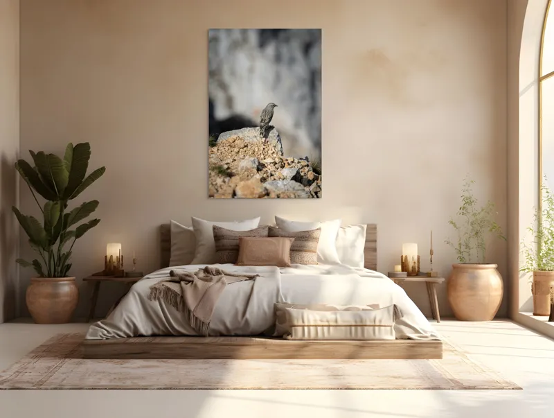 Tablou Canvas, "Pasărea solitară pe stâncă montană", Pasăre, Pene, Rochie, Piatra, Natură, Solitudine, Contrast, Fundal, Claritate, Echilibru, 100 x 150 cm – poza 3