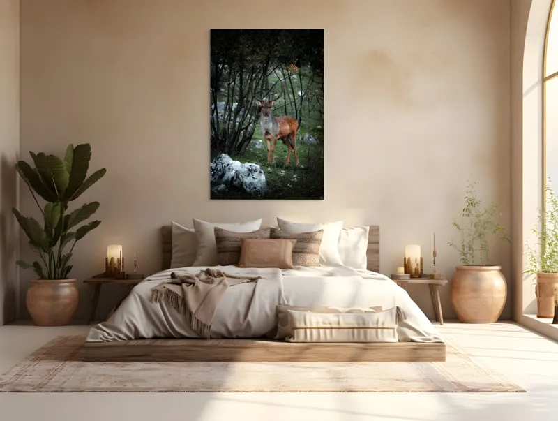 Tablou Canvas, "Cerbul singuratic în desișul pădurii", Mist, Ramuri, Cerb, Privire, Blană, Natură, Pădure, Verdeață, Tranquilitate, Frumusețe., 100 x 150 cm – poza 3