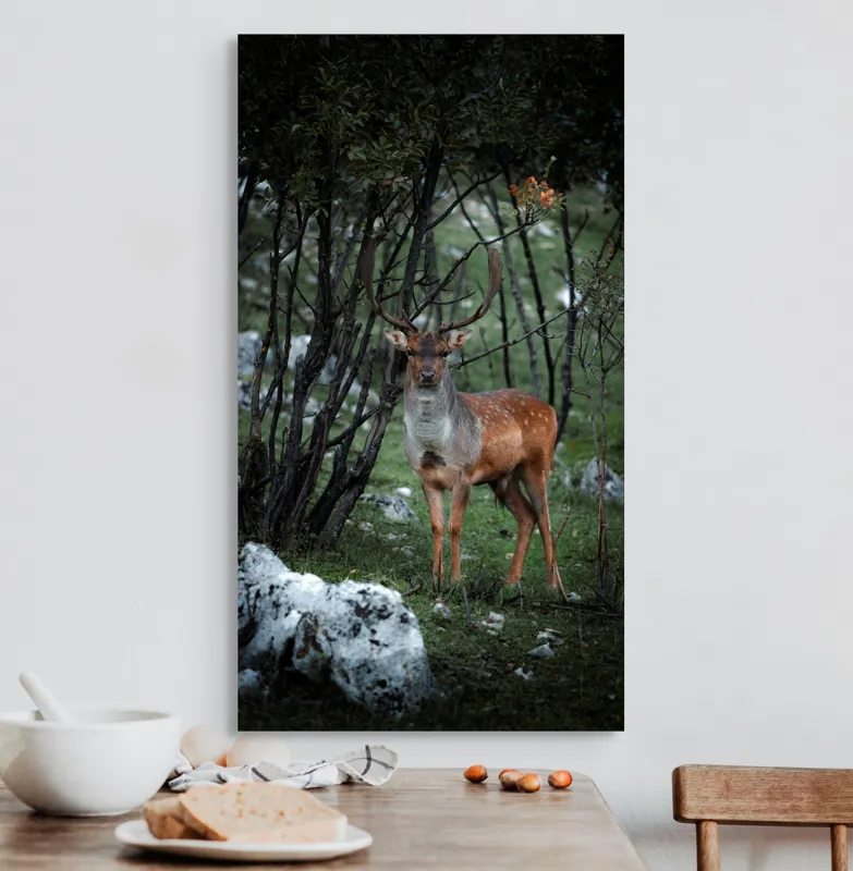 Tablou Canvas, "Cerbul singuratic în desișul pădurii", Mist, Ramuri, Cerb, Privire, Blană, Natură, Pădure, Verdeață, Tranquilitate, Frumusețe., 50 x 90 cm – poza 3