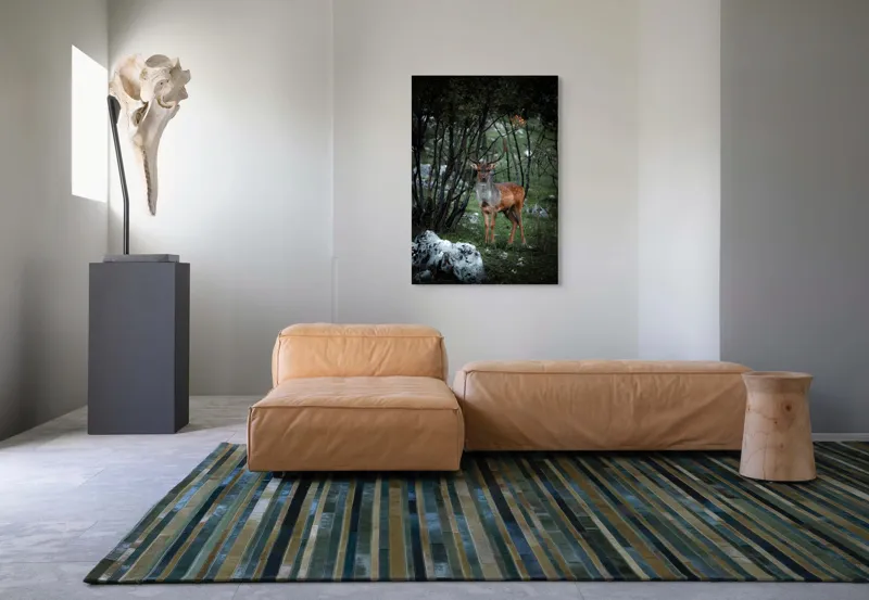 Tablou Canvas, "Cerbul singuratic în desișul pădurii", Mist, Ramuri, Cerb, Privire, Blană, Natură, Pădure, Verdeață, Tranquilitate, Frumusețe., 70 x 100 cm – poza 7
