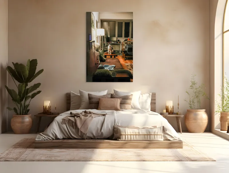 Tablou Canvas, "Motan pe canapea într-o seară liniștită", Pisică, Canapea, Lumină, Fereastră, Birou, Lampă, Obiecte, Pardoseală, Perne, Blaturi, 100 x 150 cm – poza 3