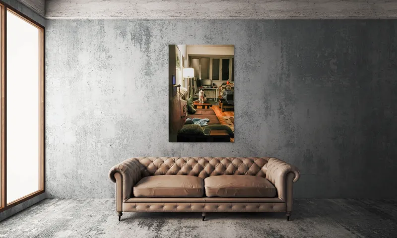 Tablou Canvas, "Motan pe canapea într-o seară liniștită", Pisică, Canapea, Lumină, Fereastră, Birou, Lampă, Obiecte, Pardoseală, Perne, Blaturi, 100 x 150 cm – poza 6