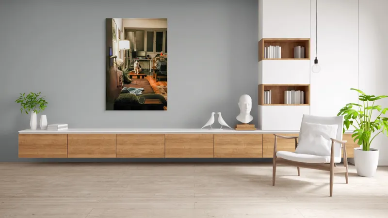 Tablou Canvas, "Motan pe canapea într-o seară liniștită", Pisică, Canapea, Lumină, Fereastră, Birou, Lampă, Obiecte, Pardoseală, Perne, Blaturi, 100 x 150 cm – poza 8