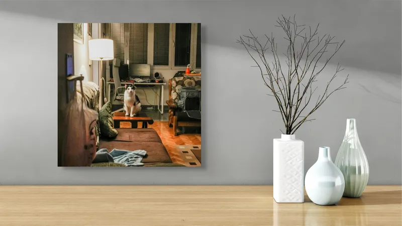 Tablou Canvas, "Motan pe canapea într-o seară liniștită", Pisică, Canapea, Lumină, Fereastră, Birou, Lampă, Obiecte, Pardoseală, Perne, Blaturi, 50 x 50 cm – poza 3