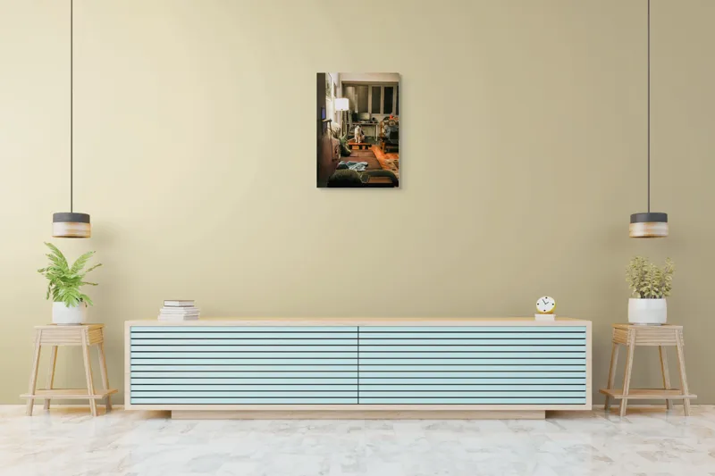 Tablou Canvas, "Motan pe canapea într-o seară liniștită", Pisică, Canapea, Lumină, Fereastră, Birou, Lampă, Obiecte, Pardoseală, Perne, Blaturi, 50 x 70 cm – poza 6