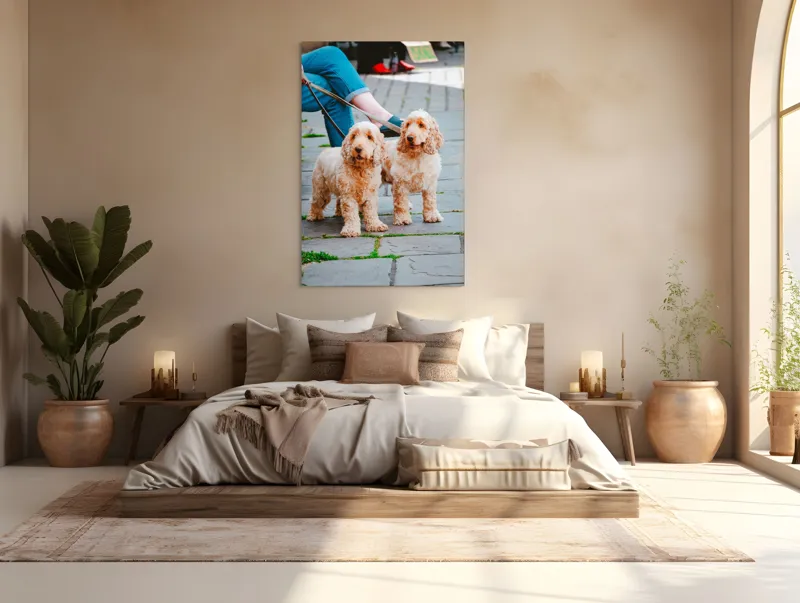Tablou Canvas, "Doi câini plimbați pe trotuar", Câini, Lesă, Blană, Urechi, Trotoar, Haine, Usă, Verde, Trotinetă, 100 x 150 cm – poza 3