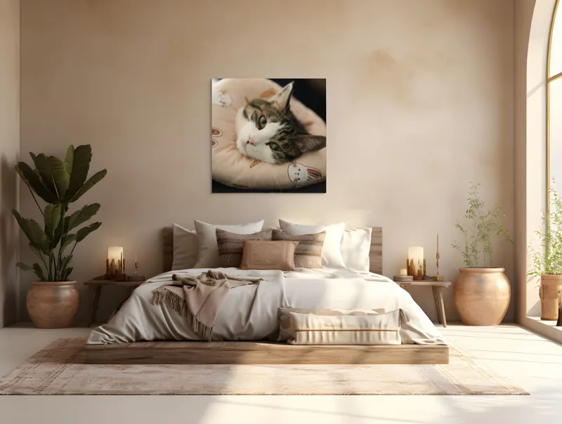 Tablou Canvas, "Pisica odihnindu-se pe perna iepurașului", Pisică, Pernă, Relaxare, Iepurași, Blană, Ochi Verzi, Odihnă, Drăgălaș., 100 x 100 cm – poza 4