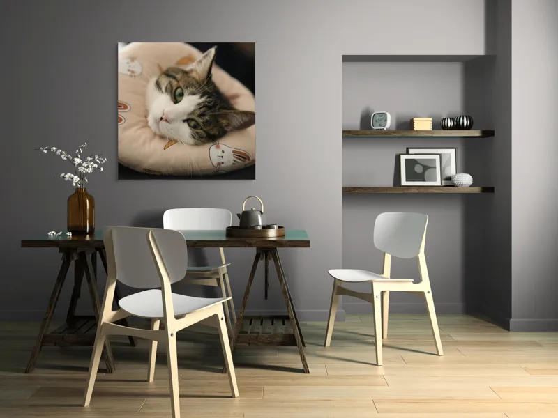 Tablou Canvas, "Pisica odihnindu-se pe perna iepurașului", Pisică, Pernă, Relaxare, Iepurași, Blană, Ochi Verzi, Odihnă, Drăgălaș., 100 x 100 cm – poza 6