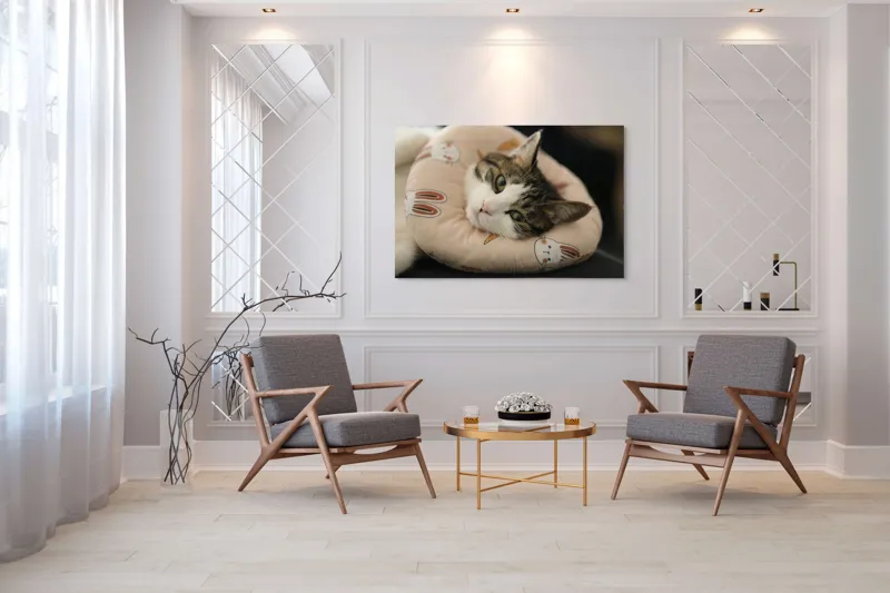 Tablou Canvas, "Pisica odihnindu-se pe perna iepurașului", Pisică, Pernă, Relaxare, Iepurași, Blană, Ochi Verzi, Odihnă, Drăgălaș., 150 x 100 cm – poza 7