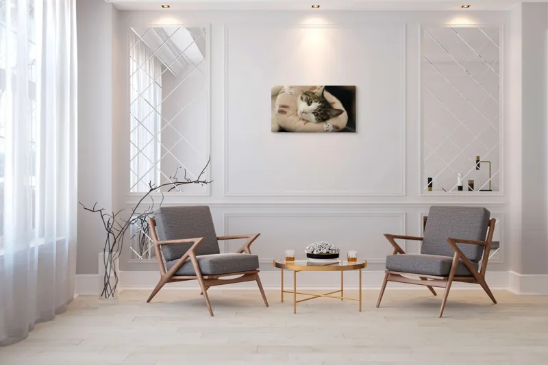 Tablou Canvas, "Pisica odihnindu-se pe perna iepurașului", Pisică, Pernă, Relaxare, Iepurași, Blană, Ochi Verzi, Odihnă, Drăgălaș., 90 x 50 cm – poza 7