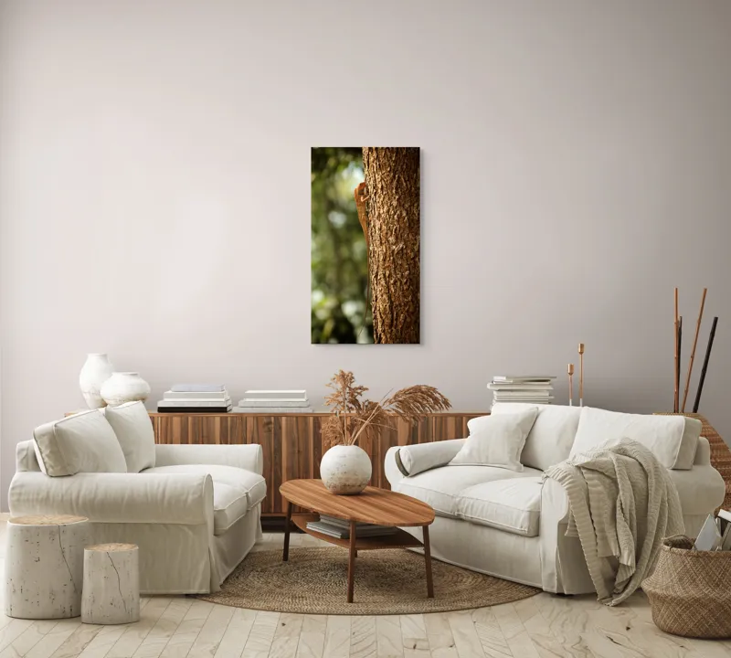 Tablou Canvas, "Scalarea copacului în amurgă blândă", Șopârlă, Arbore, Textură, Culoare, Natură, Frunziș, Verticalitate, Cățărare, Soare, Mediu., 50 x 90 cm – poza 7