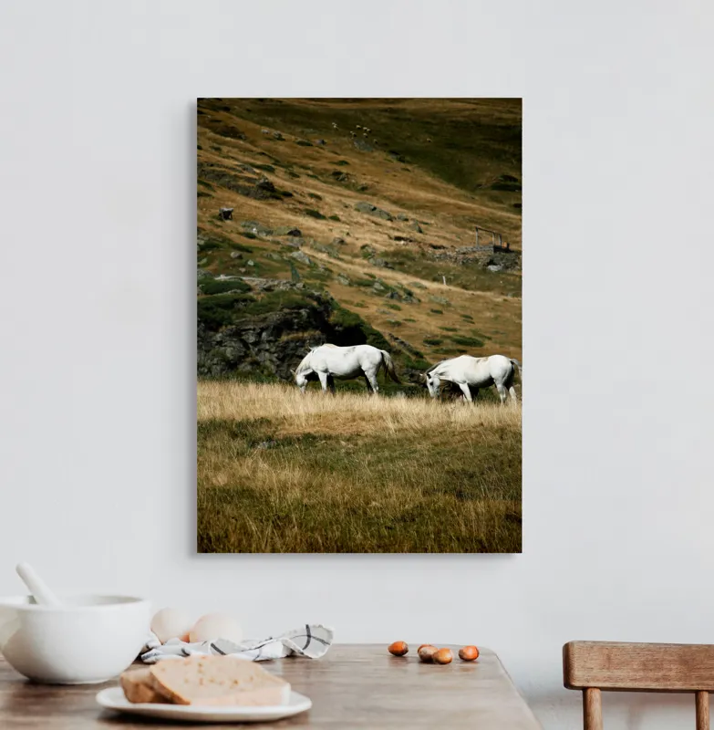 Tablou Canvas, "Cai albi păşunând pe dealuri alpine", Cai, Albi, Pășune, Munți, Vânt, Iarbă, Stânci, Liniște, Natură, Sălbăticie, 50 x 70 cm – poza 3