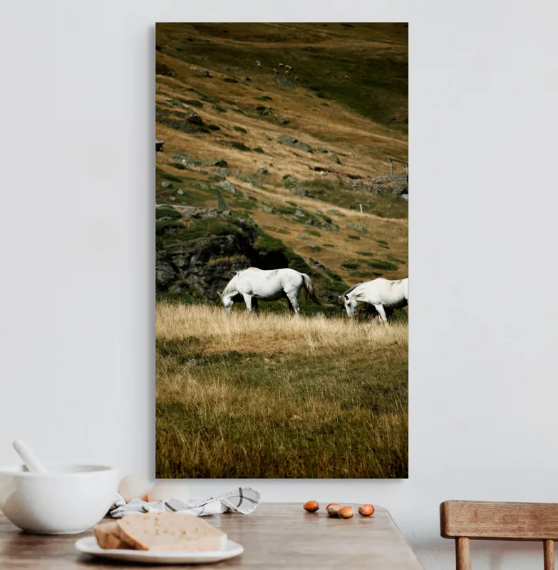 Tablou Canvas, "Cai albi păşunând pe dealuri alpine", Cai, Albi, Pășune, Munți, Vânt, Iarbă, Stânci, Liniște, Natură, Sălbăticie, 50 x 90 cm – poza 3