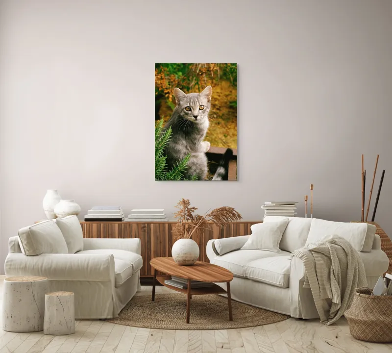 Tablou Canvas, "Pisica argintie in mijlocul naturii", Pisică, Gri, Ochi, Curiozitate, Blană, Tufiș, Frunze, Privire, Natură, Peisaj., 70 x 100 cm – poza 4