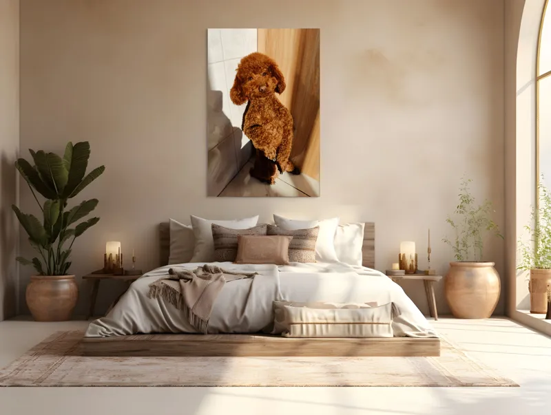 Tablou Canvas, "Cățel jucăuș la soare de dimineață", Câine, Blănos, Maro, Luminos, Drăgălaș, Poziție, Bucurie, Umbră, 100 x 150 cm – poza 3