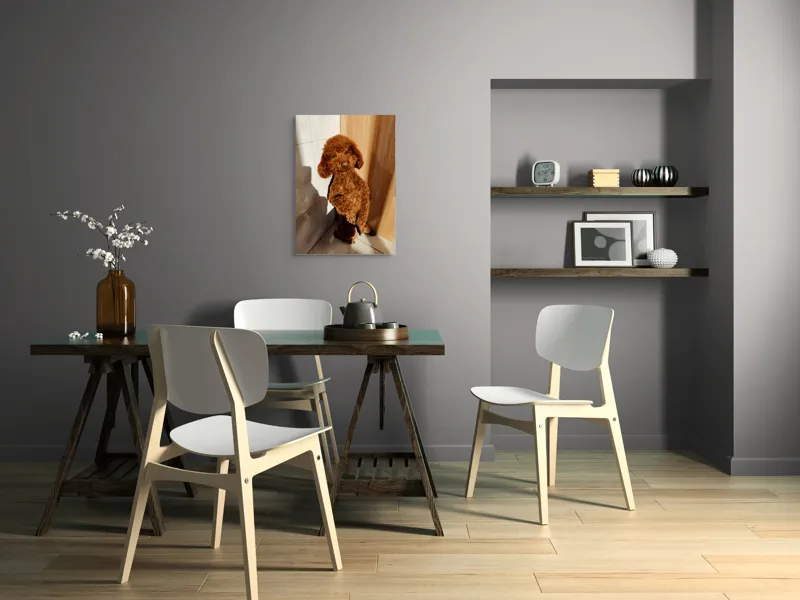 Tablou Canvas, "Cățel jucăuș la soare de dimineață", Câine, Blănos, Maro, Luminos, Drăgălaș, Poziție, Bucurie, Umbră, 50 x 70 cm – poza 5