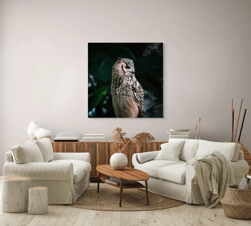 Tablou Canvas, "Bufnița în lumina amurgului pădurii", Bufniță, Penaj, Noapte, Pene, Ochii, Privește, Mister, Natură, Pădure, Răpitor, Silentiozitate, 100 x 100 cm – poza 3