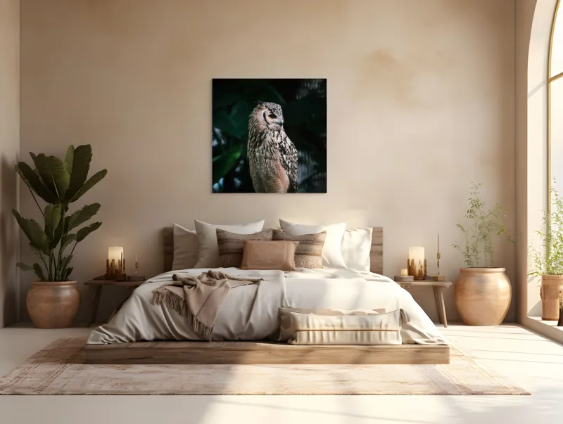 Tablou Canvas, "Bufnița în lumina amurgului pădurii", Bufniță, Penaj, Noapte, Pene, Ochii, Privește, Mister, Natură, Pădure, Răpitor, Silentiozitate, 100 x 100 cm – poza 4