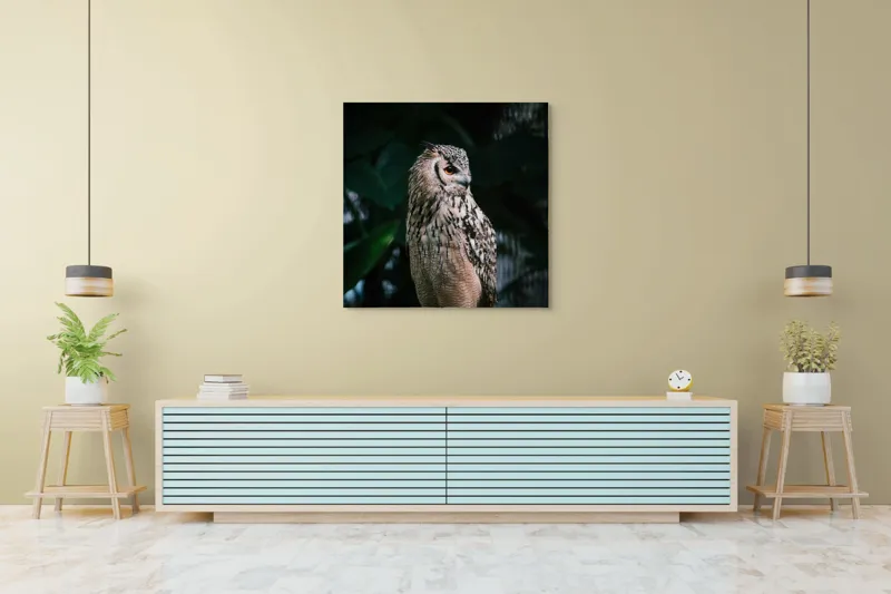Tablou Canvas, "Bufnița în lumina amurgului pădurii", Bufniță, Penaj, Noapte, Pene, Ochii, Privește, Mister, Natură, Pădure, Răpitor, Silentiozitate, 100 x 100 cm – poza 5
