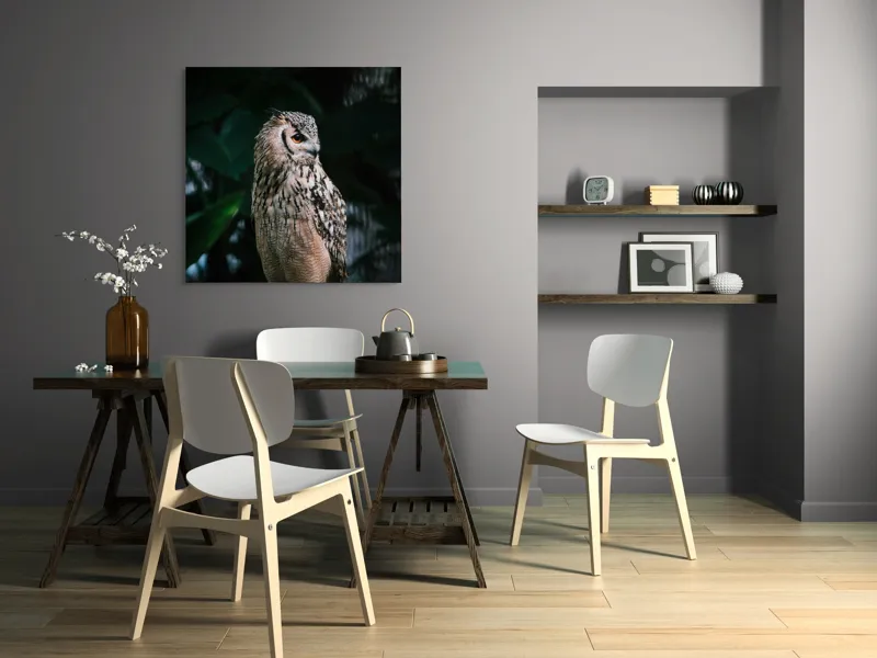 Tablou Canvas, "Bufnița în lumina amurgului pădurii", Bufniță, Penaj, Noapte, Pene, Ochii, Privește, Mister, Natură, Pădure, Răpitor, Silentiozitate, 100 x 100 cm – poza 6