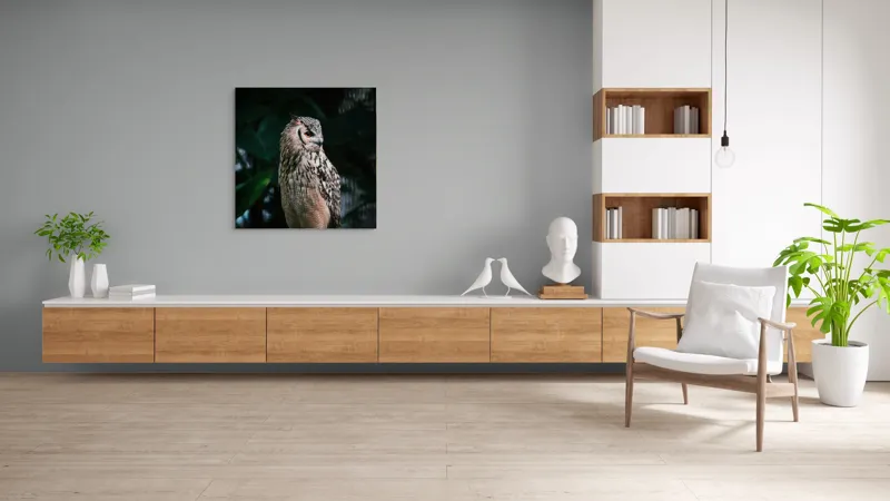 Tablou Canvas, "Bufnița în lumina amurgului pădurii", Bufniță, Penaj, Noapte, Pene, Ochii, Privește, Mister, Natură, Pădure, Răpitor, Silentiozitate, 100 x 100 cm – poza 8