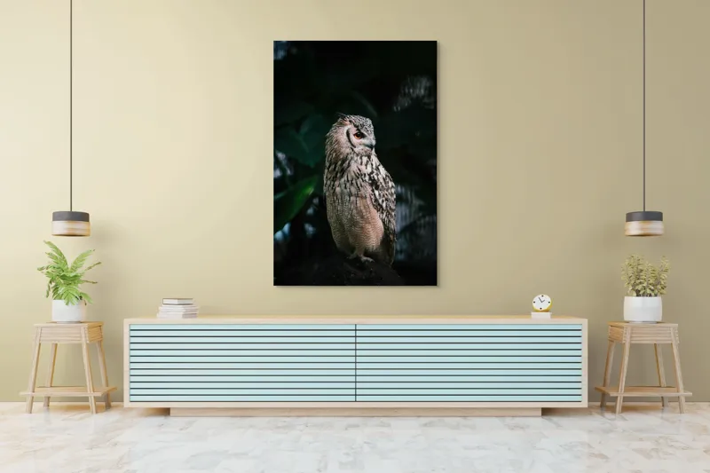 Tablou Canvas, "Bufnița în lumina amurgului pădurii", Bufniță, Penaj, Noapte, Pene, Ochii, Privește, Mister, Natură, Pădure, Răpitor, Silentiozitate, 100 x 150 cm – poza 4