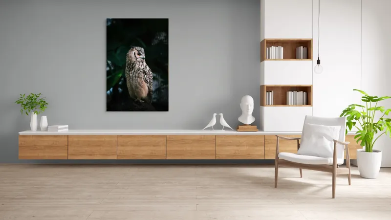Tablou Canvas, "Bufnița în lumina amurgului pădurii", Bufniță, Penaj, Noapte, Pene, Ochii, Privește, Mister, Natură, Pădure, Răpitor, Silentiozitate, 100 x 150 cm – poza 8