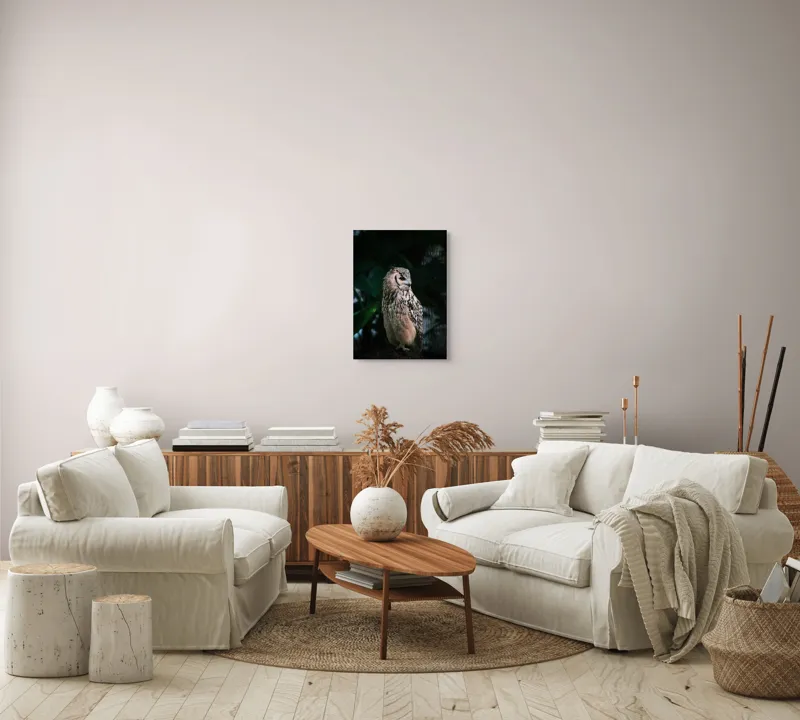 Tablou Canvas, "Bufnița în lumina amurgului pădurii", Bufniță, Penaj, Noapte, Pene, Ochii, Privește, Mister, Natură, Pădure, Răpitor, Silentiozitate, 39 x 54 cm – poza 5