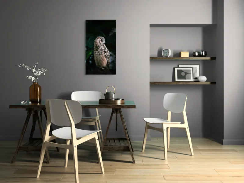 Tablou Canvas, "Bufnița în lumina amurgului pădurii", Bufniță, Penaj, Noapte, Pene, Ochii, Privește, Mister, Natură, Pădure, Răpitor, Silentiozitate, 50 x 90 cm – poza 4