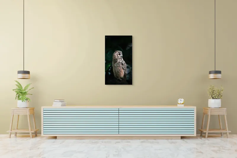 Tablou Canvas, "Bufnița în lumina amurgului pădurii", Bufniță, Penaj, Noapte, Pene, Ochii, Privește, Mister, Natură, Pădure, Răpitor, Silentiozitate, 50 x 90 cm – poza 6