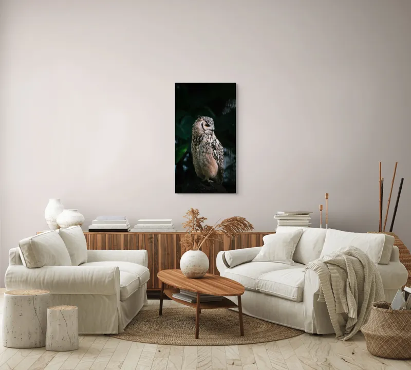 Tablou Canvas, "Bufnița în lumina amurgului pădurii", Bufniță, Penaj, Noapte, Pene, Ochii, Privește, Mister, Natură, Pădure, Răpitor, Silentiozitate, 50 x 90 cm – poza 7