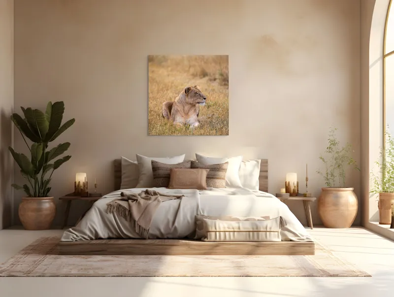 Tablou Canvas, "Leoaica odihnindu-se în savana africană", Leoaică, Relaxează, Savana, Vegetație, Calmă, Regală, Pânditoare, Serenitate, Natură, 100 x 100 cm – poza 4