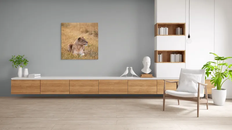 Tablou Canvas, "Leoaica odihnindu-se în savana africană", Leoaică, Relaxează, Savana, Vegetație, Calmă, Regală, Pânditoare, Serenitate, Natură, 100 x 100 cm – poza 8