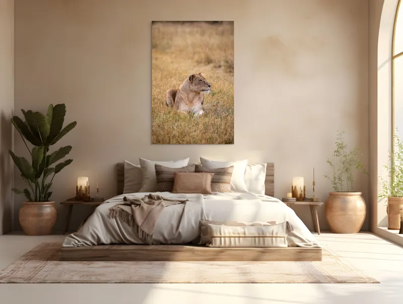 Tablou Canvas, "Leoaica odihnindu-se în savana africană", Leoaică, Relaxează, Savana, Vegetație, Calmă, Regală, Pânditoare, Serenitate, Natură, 100 x 150 cm – poza 3