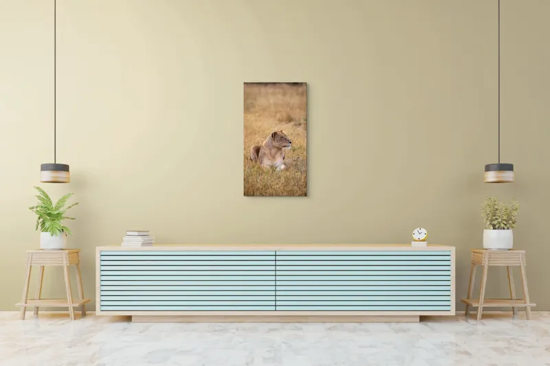 Tablou Canvas, "Leoaica odihnindu-se în savana africană", Leoaică, Relaxează, Savana, Vegetație, Calmă, Regală, Pânditoare, Serenitate, Natură, 50 x 90 cm – poza 6