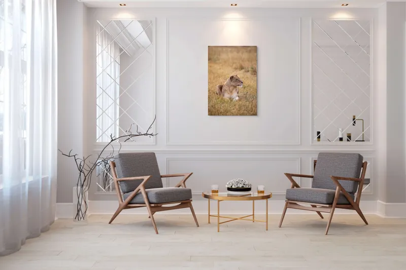 Tablou Canvas, "Leoaica odihnindu-se în savana africană", Leoaică, Relaxează, Savana, Vegetație, Calmă, Regală, Pânditoare, Serenitate, Natură, 70 x 100 cm – poza 8