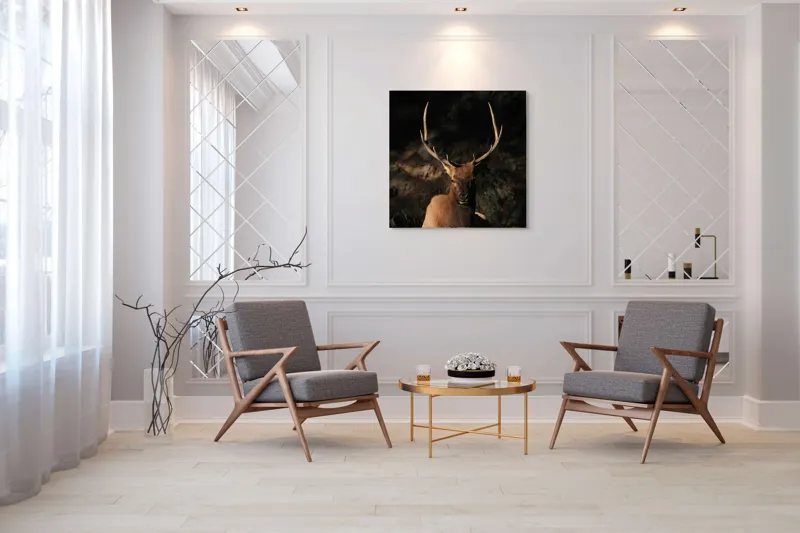 Tablou Canvas, "Cerbul în lumina apusului de toamnă", Elan, Majestuos, Pădure, Umbre, Coarne, Vedere, Natură, Sălbatic., 100 x 100 cm – poza 7
