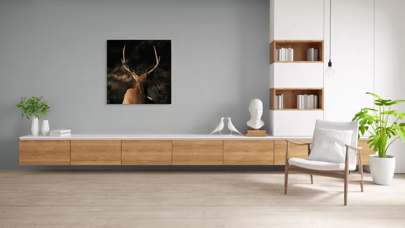 Tablou Canvas, "Cerbul în lumina apusului de toamnă", Elan, Majestuos, Pădure, Umbre, Coarne, Vedere, Natură, Sălbatic., 100 x 100 cm – poza 8