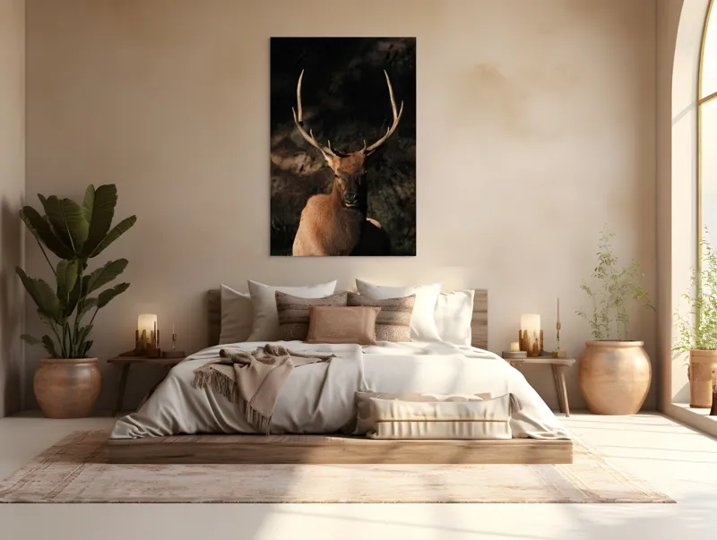 Tablou Canvas, "Cerbul în lumina apusului de toamnă", Elan, Majestuos, Pădure, Umbre, Coarne, Vedere, Natură, Sălbatic., 100 x 150 cm – poza 3