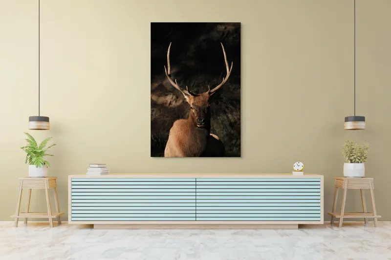 Tablou Canvas, "Cerbul în lumina apusului de toamnă", Elan, Majestuos, Pădure, Umbre, Coarne, Vedere, Natură, Sălbatic., 100 x 150 cm – poza 4
