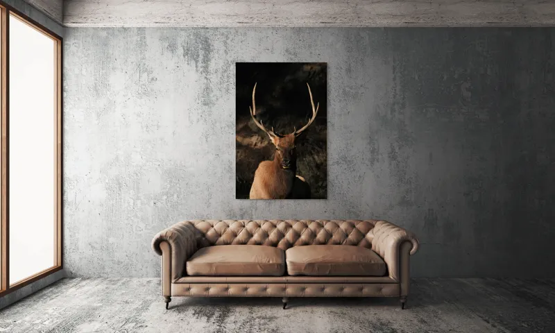 Tablou Canvas, "Cerbul în lumina apusului de toamnă", Elan, Majestuos, Pădure, Umbre, Coarne, Vedere, Natură, Sălbatic., 100 x 150 cm – poza 6