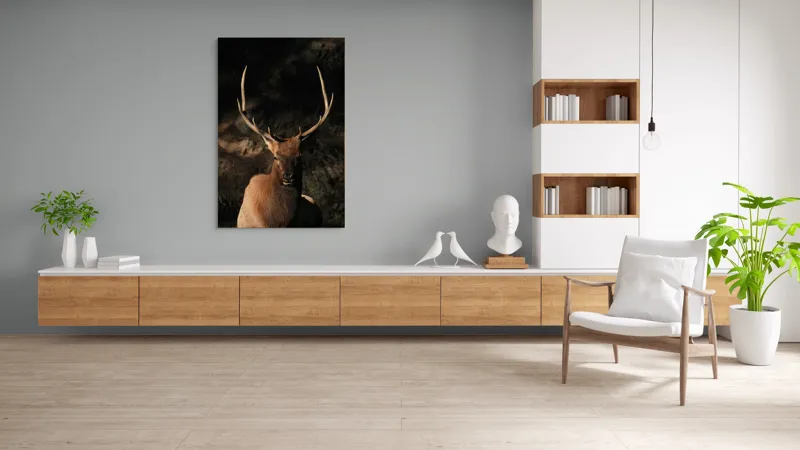 Tablou Canvas, "Cerbul în lumina apusului de toamnă", Elan, Majestuos, Pădure, Umbre, Coarne, Vedere, Natură, Sălbatic., 100 x 150 cm – poza 8