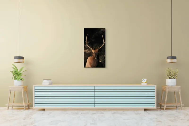 Tablou Canvas, "Cerbul în lumina apusului de toamnă", Elan, Majestuos, Pădure, Umbre, Coarne, Vedere, Natură, Sălbatic., 50 x 90 cm – poza 6