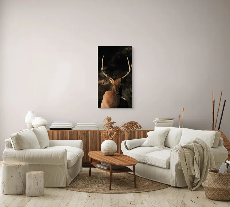 Tablou Canvas, "Cerbul în lumina apusului de toamnă", Elan, Majestuos, Pădure, Umbre, Coarne, Vedere, Natură, Sălbatic., 50 x 90 cm – poza 7