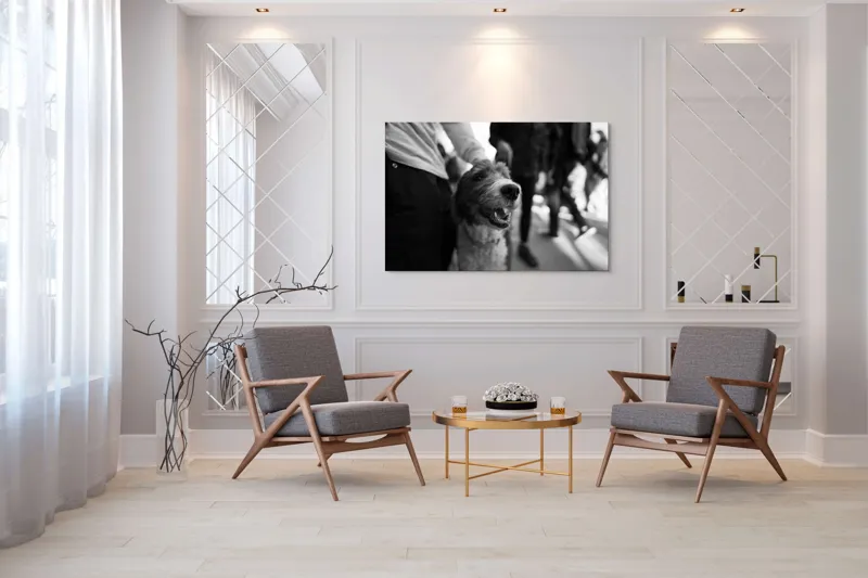 Tablou Canvas, "Câine fericit în aglomerație urbană", Câine, Prietenie, Zâmbet, Alb-Negru, Mulțime, Blană, Bucrie, Stradă, 150 x 100 cm – poza 7