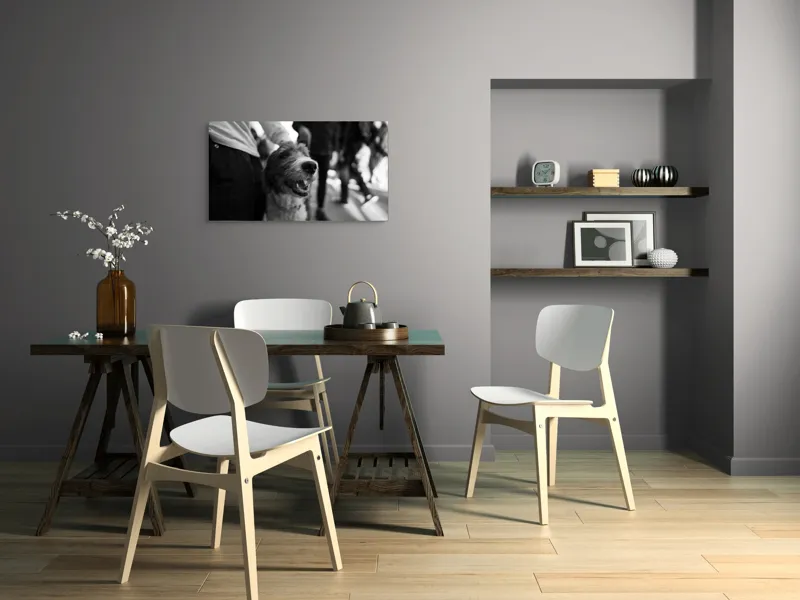 Tablou Canvas, "Câine fericit în aglomerație urbană", Câine, Prietenie, Zâmbet, Alb-Negru, Mulțime, Blană, Bucrie, Stradă, 90 x 50 cm – poza 3
