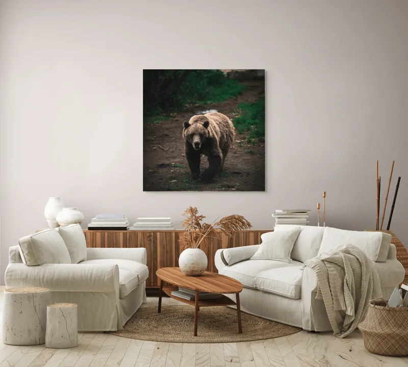 Tablou Canvas, "Ursul în tainicul luminiș pădurean", Bear, Forest, Path, Nature, Majestic, Wild, Powerful, Calm, 100 x 100 cm – poza 3
